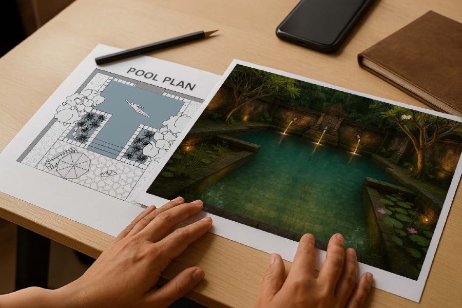 Sketching a natural pool design on site in Bali
